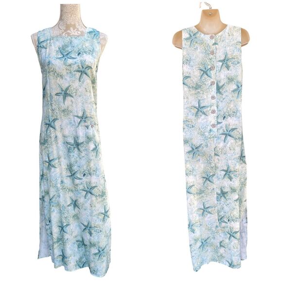 Vtg Sleeveless Maxi Dress Size S Small Square Neck Pocket Starfish Print Rayon - Picture 3 of 16
